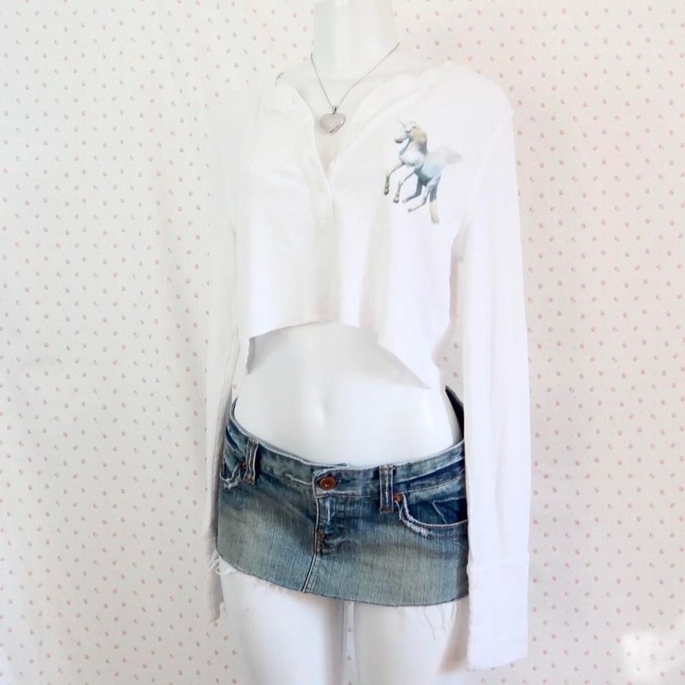 vintage unicorn thermal henley crop top waffle knit y2k coquette fairycore